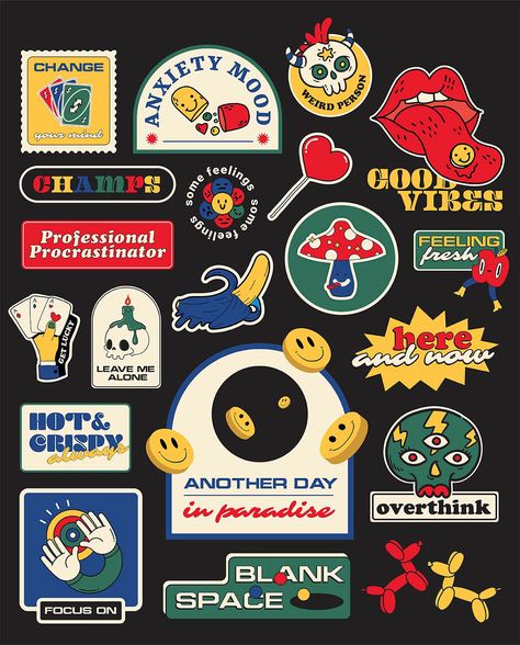 Illustration Design Graphique, Retro Stickers, Sticker Design Inspiration, Stickers Ideas, Sticker Inspo, 카드 디자인, Stickers Design, Sticker Packs, Sticker Designs