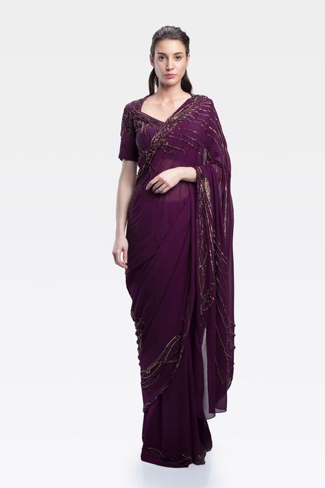 Solid Colour Saree, Grape Wine, Gaurav Gupta, South Asian Wedding, Bugle Beads, Traditional Sarees, Asian Wedding, Traditional Dress, Indian Style