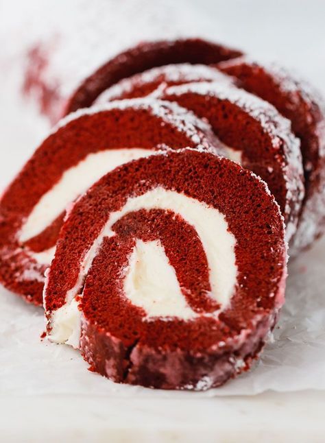 Red Velvet Roll, Cream Cheese Filling Recipe, Baked Pork Steak, Roll With Cream Cheese Filling, Red Velvet Cake Roll, Pork Steak Recipe, Chef Ideas, Cream Cheese Rolls, Red Velvet Cake Mix