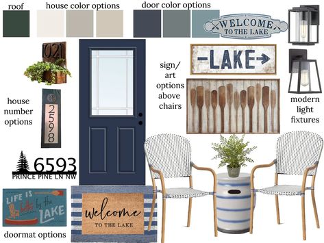 Small Lakehouse Design - HOME by KMB Lake House Mood Board, Lake House Bathroom Ideas Small Spaces, Lakehouse Entryway Ideas, Small Lake House Decor, Lake Condo Decorating Ideas, Lake House Porch Ideas, Lake House Entryway Ideas, Small Lake House Interior, Lake Cabin Decorating Ideas