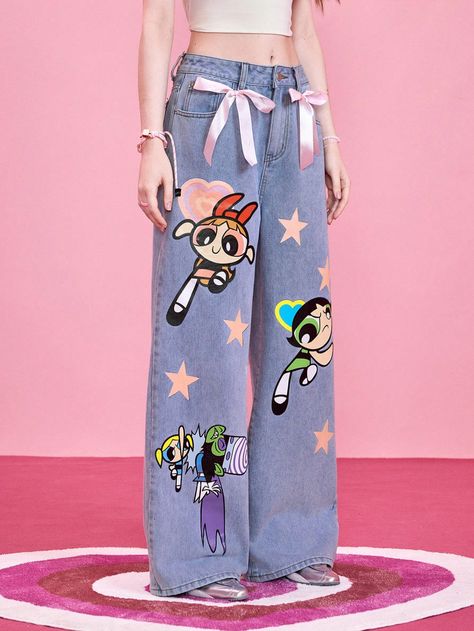 Women's Cartoon Figure Pattern Bow Decoration Wide Leg Jeans, School Blue Casual   Denim Cartoon,Figure,Geometric Wide Leg Non-Stretch  Women Clothing, size features are:Bust: ,Length: ,Sleeve Length: Japanese Streetwear Women, Hand Painted Jeans, Hand Painted Denim Jacket, Style Kawaii, Painted Denim Jacket, The Powerpuff Girls, Denim Ideas, Jean Large, The Powerpuff