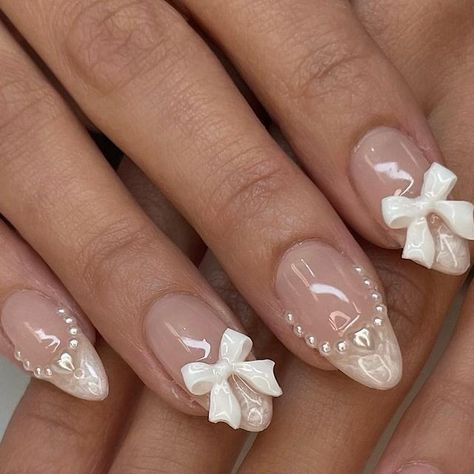 Almond Nails Designs Pearls, Acrylic Nail Designs With Pearls, Aesthetic Wedding Nails, Valentine Korean Nails, Korean Nails Bow, Croquette Nails Almond, Pearl Valentine Nails, Cuqoutte Nails, Nail Accessories Design