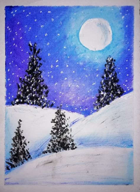 easy steps for beginers. Watch my youtube channel for more videos Winter Season Drawing Oil Pastel, Snow Drawing Easy, Oilpastel Draw Easy, Easy Winter Drawings, Winter Drawings Easy, Scenery Drawing Easy, Snow Scenery, Scenery Drawing, Oil Pastel Drawings