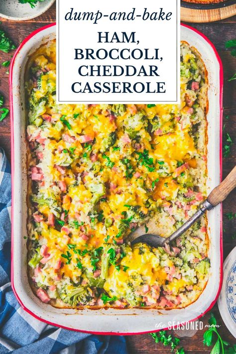 With just 5 minutes of prep, this dump-and-bake ham, broccoli, cheddar, and rice casserole is an easy dinner that cooks in one dish! There’s no need to pre-cook the rice or the veggies -- just stir everything together and pop it in the oven. Bake Ham, Ham And Rice Casserole, Leftover Ham Casserole, Cheesy Ham Casserole, Healthy Ham, Ham Broccoli, Ham Casserole Recipes, Broccoli Recipes Casserole, Cheesy Ham