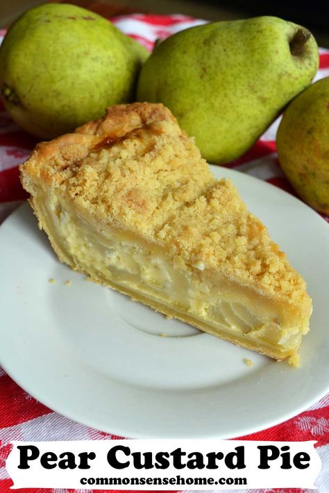 This pear custard pie combines creamy custard and golden brown streusel topping for a delicious treat. The old fashioned flavor is sure to please. Serve it plain, or top with vanilla ice cream or a dollop of whipped cream. Pear Custard, Pear Cream, Pear Pie Recipe, Custard Pie Recipe, Pear Puree, Dinner Party Desserts, Sliced Pears, Vanilla Whipped Cream, Pastry Shells