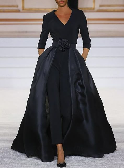 Jumpsuits With Skirt Overlay, Black Jumpsuit With Train, Elegant Pants Suits Wedding, Mother Of The Bride Pants Outfit, Jumpsuit With Overskirt, Dressy Jumpsuit Wedding, Evening Wedding Guest, Bride Dress Elegant, Bride Jumpsuit