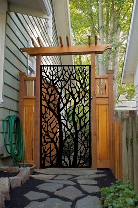 Entry Gate Garden Metal Gate Decorative Pedestrian Gatedecorative Laser Cut Privacy Metal Screen Panel Privacy Screen With Tree Branches - Etsy Metal Garden Door, Outdoor Privacy Panels, Backyard Privacy Screen, Privacy Gate, Metal Gates Design, Cabin Deck, Fence Gates, Side Patio, Garden Gates And Fencing