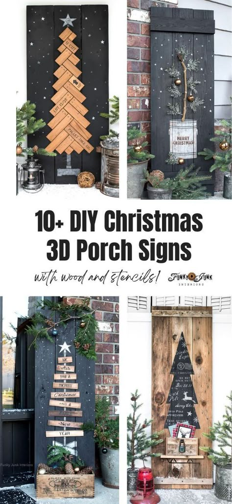 Diy Christmas Porch Signs, Outdoor Wooden Signs, Easy Christmas Porch, Christmas Signs Wood Front Porches, Christmas Porch Signs, Christmas Porches, Christmas Tree Stencil, Holiday Wood Sign, Charlie Brown Tree