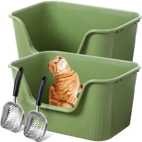 PRICES MAY VARY. Generous Package: you will receive 2 extra large litter boxes for big cats and 2 metal waste scoops, the cat litter box measures approximately 25 x 18 x 13 inches, making it large and deep enough for dogs or fat cats up to 36 pounds to turn around easily, the metal waste scooper measures about 14 x 5 inches and has a large capacity, allowing pet owners to enjoy cat ownership more conveniently High Side Protection and Low Entrance: the high side litter boxes for cats can prevent Big Cat Litter Box Ideas, Cat Comfort, Cat Habitat, Brushing Dogs Teeth, Cool Cat Toys, Cat Ownership, Cat Tips, Kitty Accessories, Splash Free