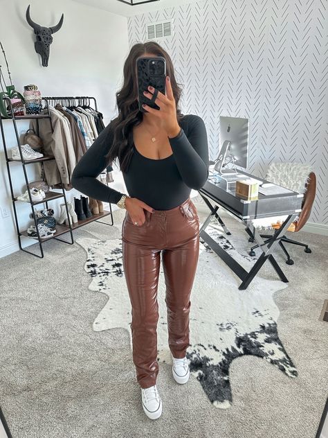 Bodysuit Leather Pants Outfit, Leather Pants Bodysuit Outfit, Leather Pants With Bodysuit, Brown Silk Top Outfit, Leather Pants Outfit Heels, Brown Long Sleeve Bodysuit Outfit, Outfits With Brown Leather Pants, Brown Leather Pants Outfit Casual, Taupe Top Outfit