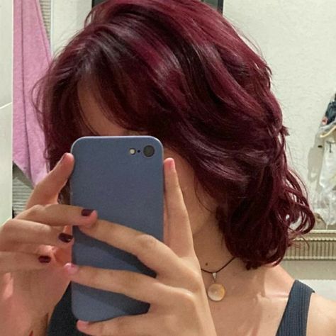 Maroon Hair Color Short Hair, Dark Red Hair On Short Hair, Red Shirt Hair With Bangs, Cherry Red Dyed Hair, Red Hair Color On Dark Hair, Dark Cherry Hair Aesthetic, Cherry Red Purple Hair, Red Dye For Dark Hair, Red With Purple Hair