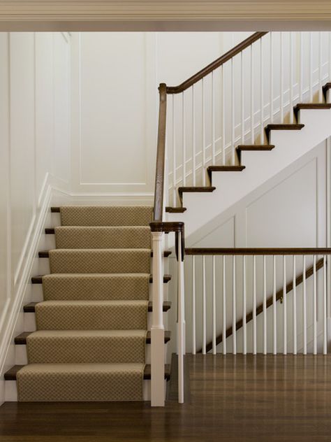 tapered round spindles, modest sized newel post - square plinth with rounded slightly tapered body, continuous rail on top Historic Home Staircase, Georgian Restoration, Loft Railing, Stair Ideas, Wood Balusters, Wood Handrail, Staircase Runner, Handrail Design, Traditional Staircase