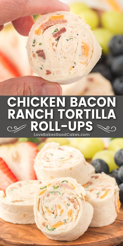 Chicken Bacon Ranch Tortilla Roll-Ups pin collage Chicken Bacon Ranch Tortilla, Ranch Roll Ups, Savory Appetizers, Tortilla Rolls, Lunch Items, Roll Ups Tortilla, Chicken Appetizers, Chicken Bacon Ranch, Bacon Ranch