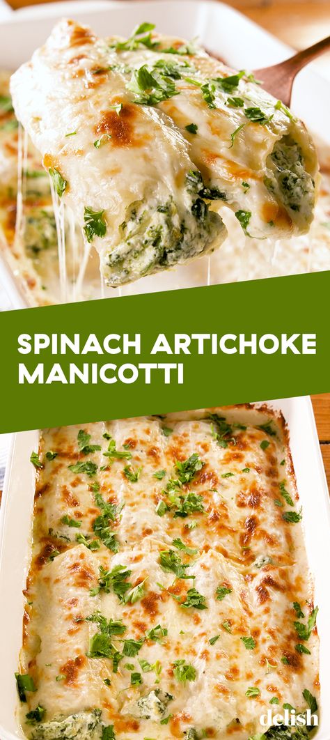 These GIANT pasta noodles are stuffed with cheesy spinach artichoke dip. Get the recipe at Delish.com. #recipe #easy #easyrecipes #delish #pasta #cheese #spinach #artichoke #manicotti #italian #comfortfood #dinner Best Baked Pasta, Spinach Artichoke Casserole, Artichoke Casserole, Cheesy Spinach Artichoke Dip, Baked Manicotti, Manicotti Pasta, Pasta Spinach, Recipes Spinach, Recipe Spinach