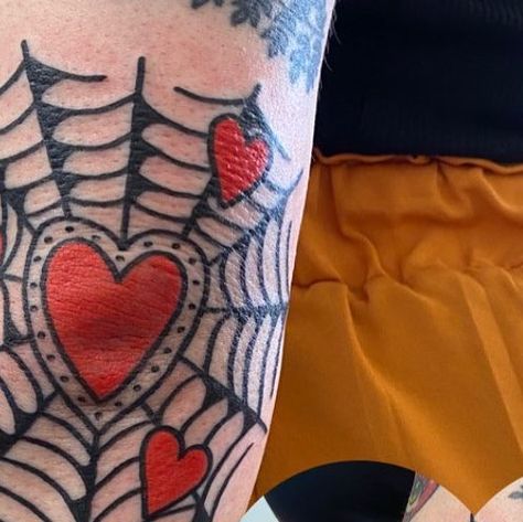 @theluckypigtattoo on Instagram: "Super cute elbow web by @flashbyaj - - - - #elbowtattoo #manchestertattoo #elboweb #trad #traditionaltattoos" Elbow Tattoo Web, Neo Traditional Elbow Tattoo, Cute Elbow Tattoos, Black Elbow Tattoo, Heart Elbow Tattoo, Elbow Tattoo Traditional, American Traditional Elbow Tattoo, Traditional Elbow Tattoo, Trad Tattoos