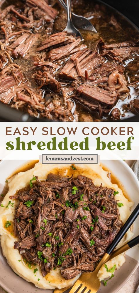 This easy, 5 minute prep Slow Cooker Shredded Beef is so juicy and melt in your mouth with amazing flavor. So versatile and can be eaten over noodles, mashed potatoes, in tacos, and more. A perfect dump and go slow cooker dinner recipe! Chuck Roast Crock Pot Recipes, Crock Pot Chuck Roast, Roast Beef Crock Pot Recipes, Shredded Beef Recipe, Shredded Beef Sandwiches, Slow Cooker Shredded Beef, Shredded Beef Recipes, Crockpot Roast Recipes, Pot Roast Crock Pot Recipes