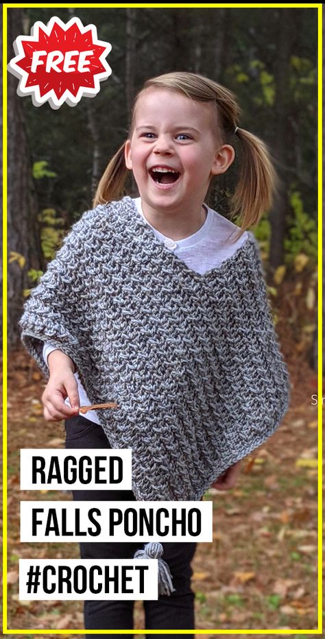 crochet Ragged Falls Poncho free pattern - easy crochet poncho pattern for beginners Crochet Kids Poncho Free Pattern, Toddler Crochet Poncho Pattern Free, Kids Poncho Crochet Pattern Free, Girls Poncho Crochet Pattern Free, Easy Crochet Poncho Free Pattern, Crochet Toddler Poncho, Bobbles Crochet, Girls Poncho Crochet Pattern, Crocheted Ponchos