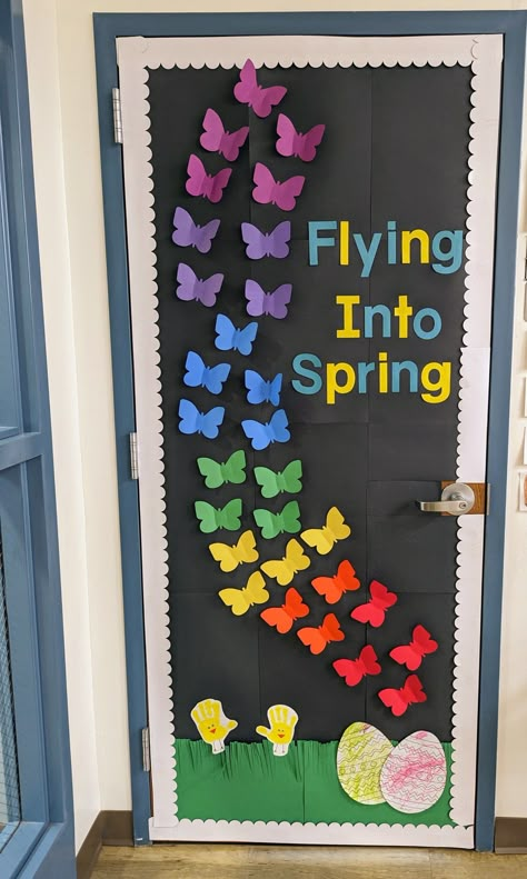 Spring Door Themes For Classroom, Spring School Door Ideas, Hanging With My Peeps Classroom Door, Spring Daycare Decorations, Classroom Spring Door Decorations, Preschool Door Decorations Spring, Spring Door Ideas For Preschool, April Themed Bulletin Boards, Spring Toddler Door Ideas