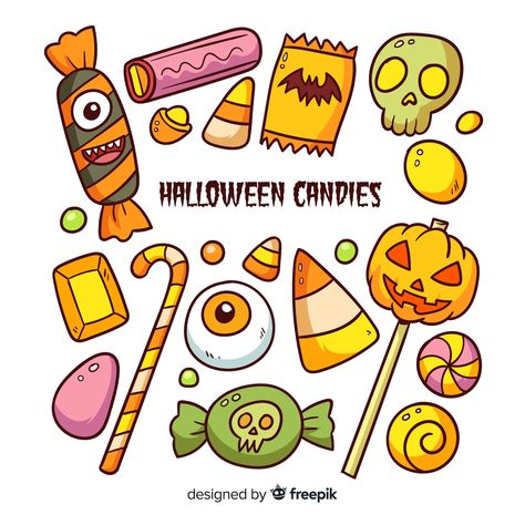 Free Vector | Halloween candy collection Candy Illustration Cute, Halloween Candy Doodles, Cartoon Candy Drawing, Halloween Decorations Drawings, Halloween Candy Illustration, Halloween Candy Drawing, Halloween Candy Art, Candy Drawings, Corn Drawing