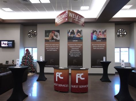 Welcome Center for Faith Church Welcome To Church, Church Signage, Church Lobby Design, Church Welcome Center, Church Foyer, Church Lobby, Church Fellowship, Church Building Design, Lobby Ideas