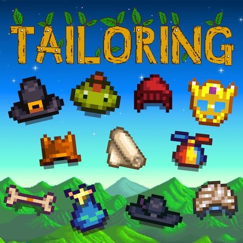 A complete guide to style in Stardew Valley! Learn how to unlock the new 1.4 Tailoring mechanic and see the crafting recipes of over 300 clothing items!... Stardew Clothing Recipes, Stardew Valley Tailoring Guide, Clothing Stardew Valley, Stardew Valley Hats Guide, Stardew Valley Clothing Recipes, Stardew Clothing, Stardew Clothes Recipes, Stardew Valley Sewing Machine, Stardew Valley Clothing Guide