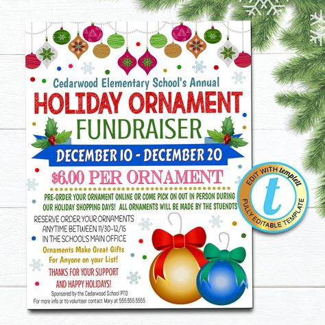 "Holiday Ornament Fundraiser Flyer Editable Template. Use this Christmas ornament sale flyer for schools, churches, businesses and more! All text is editable so you can customize for your event. TEMPLATE FORMATTED SIZES: 8.5\" x 11\" (Flyer) IMPORTANT: This is a DIY self-editing digital, printable product - I do not edit this file for you. However, I do offer editing services at an extra charge, please reach out if you are interested. * Please note that you are not able to edit this file on an i Ornament Fundraiser, Fundraiser Ideas School, Community Christmas, Classroom Incentives, Pta Fundraising, Daisy Troop, Pto Ideas, School Pto, Xmas Shopping