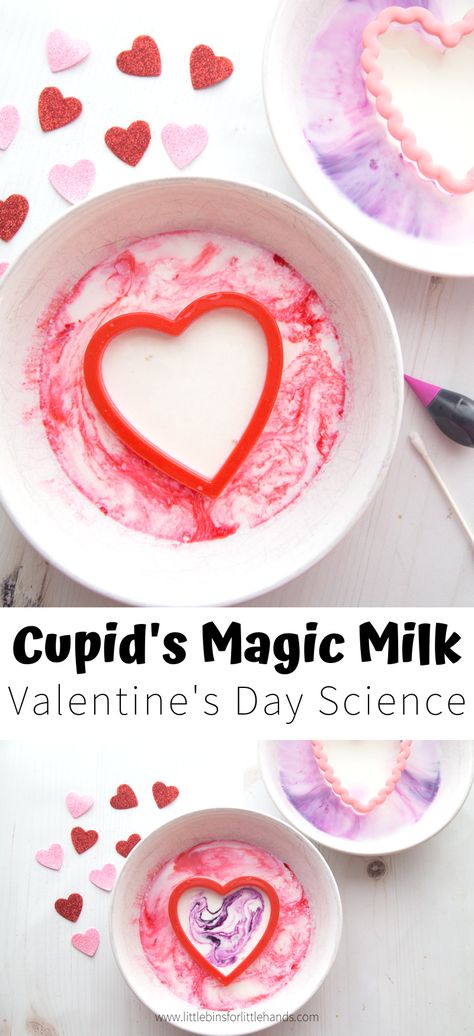 Valentine Science Experiments, Valentine Stem Activities, Milk Experiment, Milk Science Experiment, Preschool Valentines Activities, Magic Milk, Science Valentines, Science For Toddlers, Kids Valentines Day