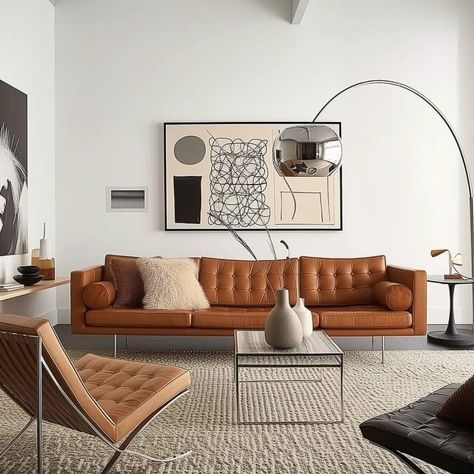 living_room_Modern_Minimalist_Make_your_cognac_couch 3 Cognac Couch Living Room, Leather Couch Living Room Modern, Cognac Couch Living Room Ideas, Cognac Couch, Modern Outdoor Seating Area, Brown Leather Couch Living Room, Cognac Leather Sofa, Couch Living Room Ideas, Brown Sofa Living Room