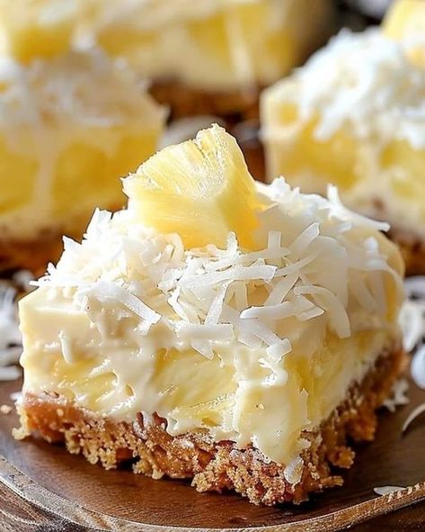 Recipes & Cool Stuff | Refreshing No-Bake Pineapple Coconut Bars  | Facebook No Bake Pineapple Coconut Bars, Optimal Recipes, Appalachian Recipes, Tropical Desserts, Baked Pineapple, Custard Desserts, Coconut Bars, Coconut Custard, Refreshing Desserts