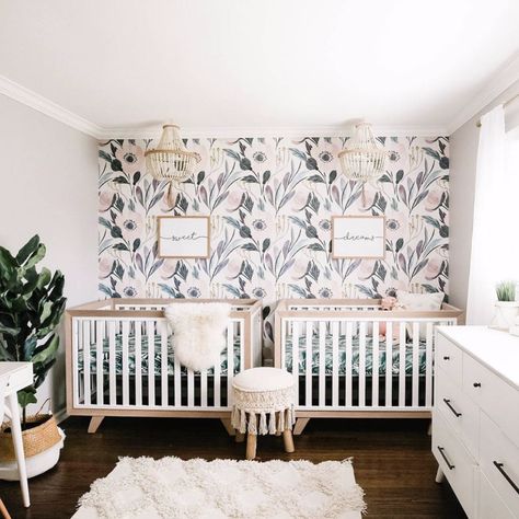 Twin Nursery Room Boy And Girl, Nursery With Two Cribs, Nursery Room Inspiration Twins, Double Nursery Ideas, Nursery Room For Twins, 2 Crib Nursery, Double Crib Nursery, Twin Nursery Girls, Twin Nursery Ideas Neutral