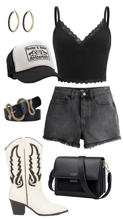 Short Black Boots Outfit, Crossbody Purse Outfit, White And Black Boots, Gold And Black Jewelry, Black Cowgirl Outfit, Rodeo Fits, Cowgirl Boots Black, Trucker Hat Outfit, Black Shorts Outfit