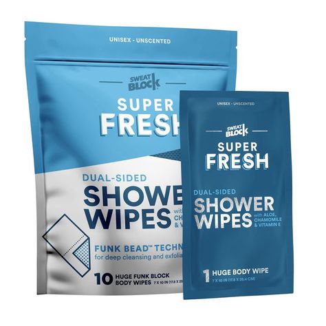 Super Fresh FunkBlock Shower Wipes - Large Body Wipes for Hygiene, Camping Wipes, Gym & Travel. No Rinse Bathing Wipes with Aloe & Vitamin E. Unscented. Bag of (10) Individually Wrapped Wipes Hot Yoga Studio, Body Wipes, Spa Night, Purse Essentials, Handbag Essentials, Deep Cleansing, Pattern Names, Going To The Gym, Body Wash