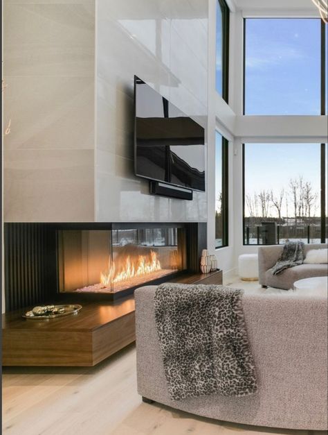 Modern Fireplace High Ceiling, 3 Sided Fireplace Ideas Modern, Modern Livingrooms Design With Fireplace, Fireplace Ideas Modern Contemporary, Living Room With Natural Wood, Modern Corner Fireplace, Natural Wood Paneling, Home Entrance Wall, High Ceiling Living Room Modern