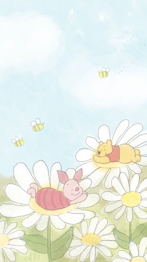 Disney Wallpaper Spring, Summer Winnie The Pooh, Spring Aesthetic Cartoon, Disney Spring Wallpaper Iphone, Bees And Flowers Wallpaper, Cartoon Setting Background, Spring Cartoon Aesthetic, Spring Themed Wallpaper Iphone, Spring Wallpaper Cartoon