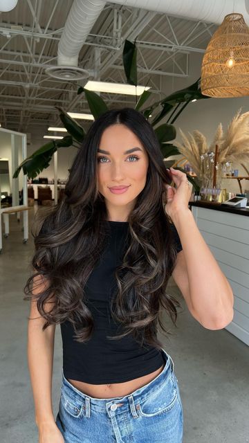 Dark Extensions With Highlights, Rich Brown Hair Blue Eyes, Brown Balayage Wedding Hair, Dark Hair With Subtle Dimension, Chocolate Brown Extensions, Brown On Black Hair Balayage, Dark Root Brunette, Dark Brown With Brown Balayage, Brown Hair Low Light