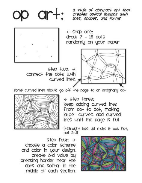 Op Art Projects, Op Art Lessons, Art Sub Lessons, Art Sub Plans, Classe D'art, Art Handouts, 6th Grade Art, Art Optical, Art Worksheets