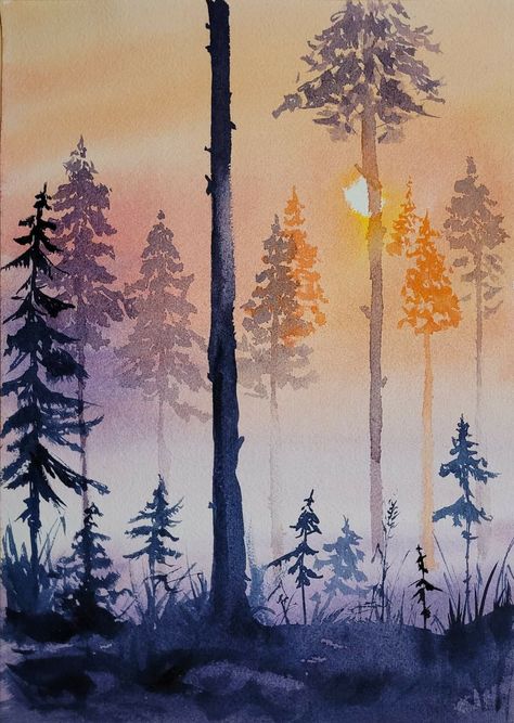 Watercolor Paintings Landscape Beautiful, Watercolour Landscape Painting, Painted Trees, Watercolor Silhouette, Whimsical Watercolor, Diy Watercolor Painting, Watercolour Inspiration, Seni Cat Air, Watercolor Painting Techniques