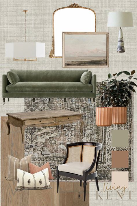 Brass In Living Room, Global Boho Living Room, Formal Living Room Furniture Ideas, Transitional Living Room Accent Chairs, Cozy Earthy Home Decor, Living Room Green Couch Colour Schemes, Mixing Greens In Decor, Green Cream And Black Living Room, Living Room With Olive Green Sofa