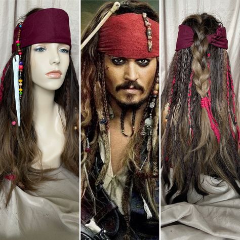 Jack Sparrow Wig Diy, Pirate Hair Women Bandana, Female Pirate Hairstyles Easy, Jack Sparrow Makeup Tutorial, Jack Sparrow Outfit Women, Female Jack Sparrow Costume, Captain Jack Sparrow Costume Women, Pirate Dreadlocks, Diy Pirate Accessories