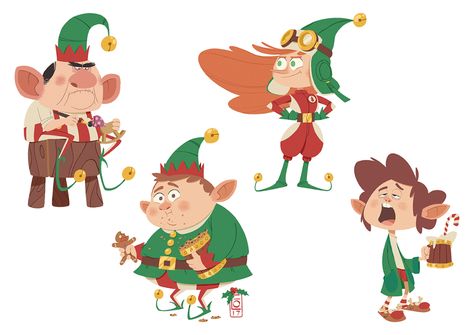 Santa's Elves on Behance Santa Elf Drawing, Elf Illustration Character Design, Leonard Furuberg, Christmas Elves Illustration, Christmas Elf Drawing, Elves Illustration, People Baking, Christmas Reference, Character Exploration