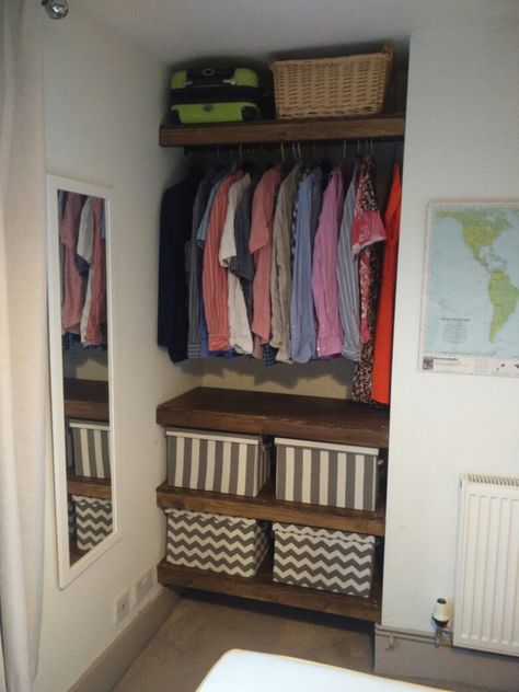 DIY Alcove Open Wardrobe Alcove Walk In Wardrobe, Open Cupboard Ideas Bedroom, Alcove Open Wardrobe Ideas, Alcove Bedroom Storage, Wardrobe Alcove Bedroom, Diy Wardrobe In Alcove, Built In Open Wardrobe Ideas, Alcove Clothes Storage, Built In Open Wardrobe