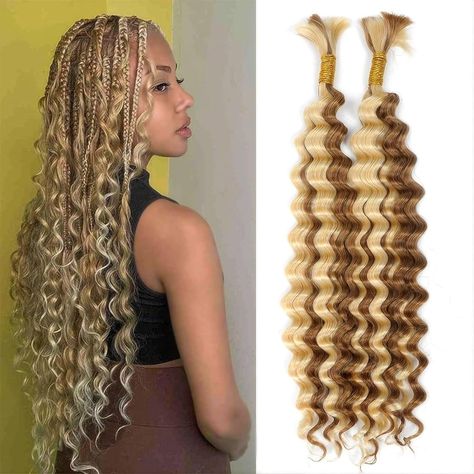 Amazon.com : DSEKCAIN P27/613 Blonde Deep Wave Human Braiding Hair Micro Crochet Curly Braiding Human Hair No Weft Bulk Hair for Knotless Bohemian Box Braids Wet and Wavy Highlight 100 Grams (2 of 50g) 16 inch : Beauty & Personal Care Knotless Bohemian Box Braids, Knotless Bohemian, Waves Overnight, Wavy Braids, Blonde Deep Wave, Bohemian Box Braids, Wavy Hair With Braid, Braided Braids, Overnight Braids