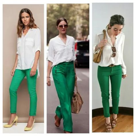 What to Wear With Green Pants - 10 Outfit Ideas (Updated 2023) High Waist Green Pants Outfit, Green Pants For Women, Style Green Pants For Women, Green Pants Women Outfit, Work Outfits With Green Pants, Kelly Green Pants Outfit Spring, Green Pants Outfit Women Work, Green Pant Outfit Woman, Green Pants Summer Outfit