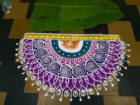 Suma's creative rangoli Semi Circle Rangoli Designs Diwali, Semicircle Rangoli, Semicircle Rangoli Designs, Semi Circle Rangoli Designs, Rangoli Painting, Rangoli Designs For Competition, Very Easy Rangoli Designs, Rangoli Designs Latest, Simple Rangoli Border Designs