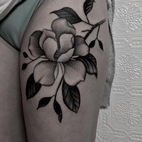 Justin Olivier Tattoo- magnolia  #tattoo #blackworksubmission Louisiana Magnolia Tattoo, Magnolia Neck Tattoo, Magnolia Leaves Tattoo, Magnolia Tattoo Thigh, Magnolia Hip Tattoo, Traditional Magnolia Tattoo, Lisa Tattoo, Tiny Tattoos With Meaning, Floral Arm Tattoo