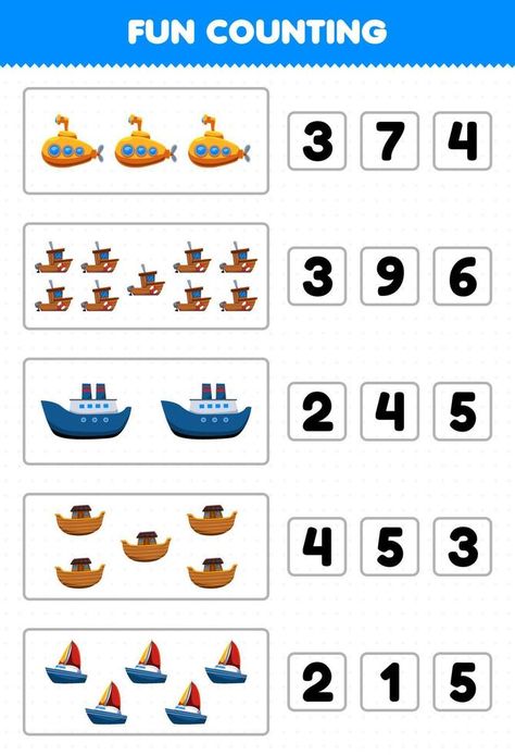 Education game for children fun counting and choosing the correct number of cartoon water transportation submarine boat ferry ship ark sailboat printable worksheet Vehicles Birthday Party, Preschool Weather Chart, Kids Vehicles, Us Army Vehicles, Transportation Preschool Activities, Futuristic Military, Transportation Theme Preschool, Preschool Craft Activities, Transportation Worksheet