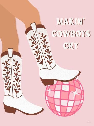 size: 12x9in Art Print: Makin' Cowboys Cry by Natalie Carpentieri : Disco Cowgirl Graphic, Cowbell Painting Ideas, Cricut Projects Vinyl Free Printables Wall Art, Cowgirl Widgets, Country Homescreen, Preppy Cowgirl Room, Pink Cowgirl Room, Cow Print Painting, Cute Western Backgrounds