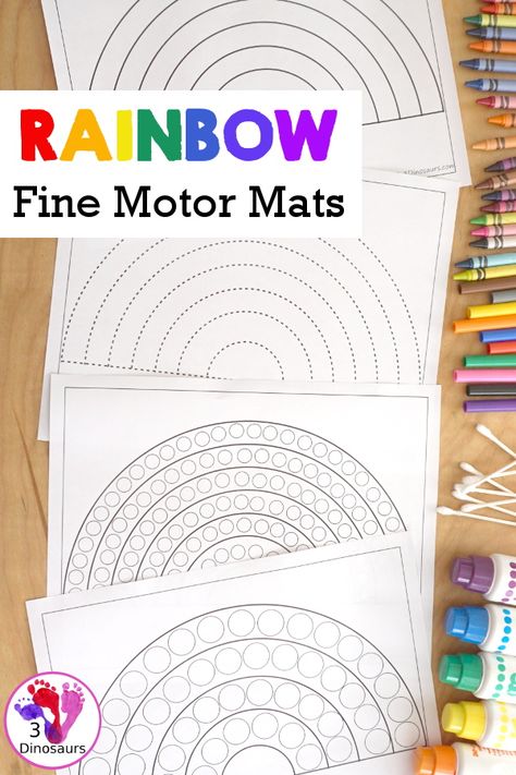 Free Rainbow Fine Motor Dot Marker Printables - with six pages of printables with rainbows template to color, rainbows to trace, rainbow to q-tip and a dot marker rainbow, all great for spring fine motor centers. - 3Dinosaurs.com #3dinosaurs #freeprintable #finemotormats #rainbowsforkids #kindergarten #prek #preschool #3dinosaurs #finemotor Q Tip Fine Motor Activities, Rainbow Counting Preschool, Rainbow Writing Kindergarten, Pattern For Kindergarten Activities, Rainbow Writing Preschool, Rainbow Montessori Activities, Rainbow Preschool Activities Free Printables, Color Preschool Theme, Rainbow Dot Art