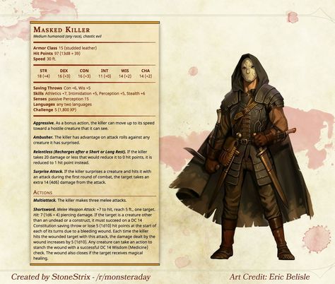 Masked Killer stats for D&D 5e Dm Resources, Homebrew Monsters, Dnd Npc, Dnd Stats, Dnd Character Sheet, Dnd Campaign, Dungeon Master's Guide, Dnd Races, Dnd Classes