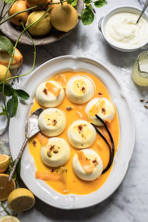 Lemon Cheesecake Pannacottas with Saffron Orange Sauce | Bibby's Pannacotta Recipes, Cheesecakes Ideas, Best Lemon Drizzle Cake, Menu Project, Saffron Orange, Orange Sauce, Lemon Cheesecake, Sweet Delights, Just Desserts